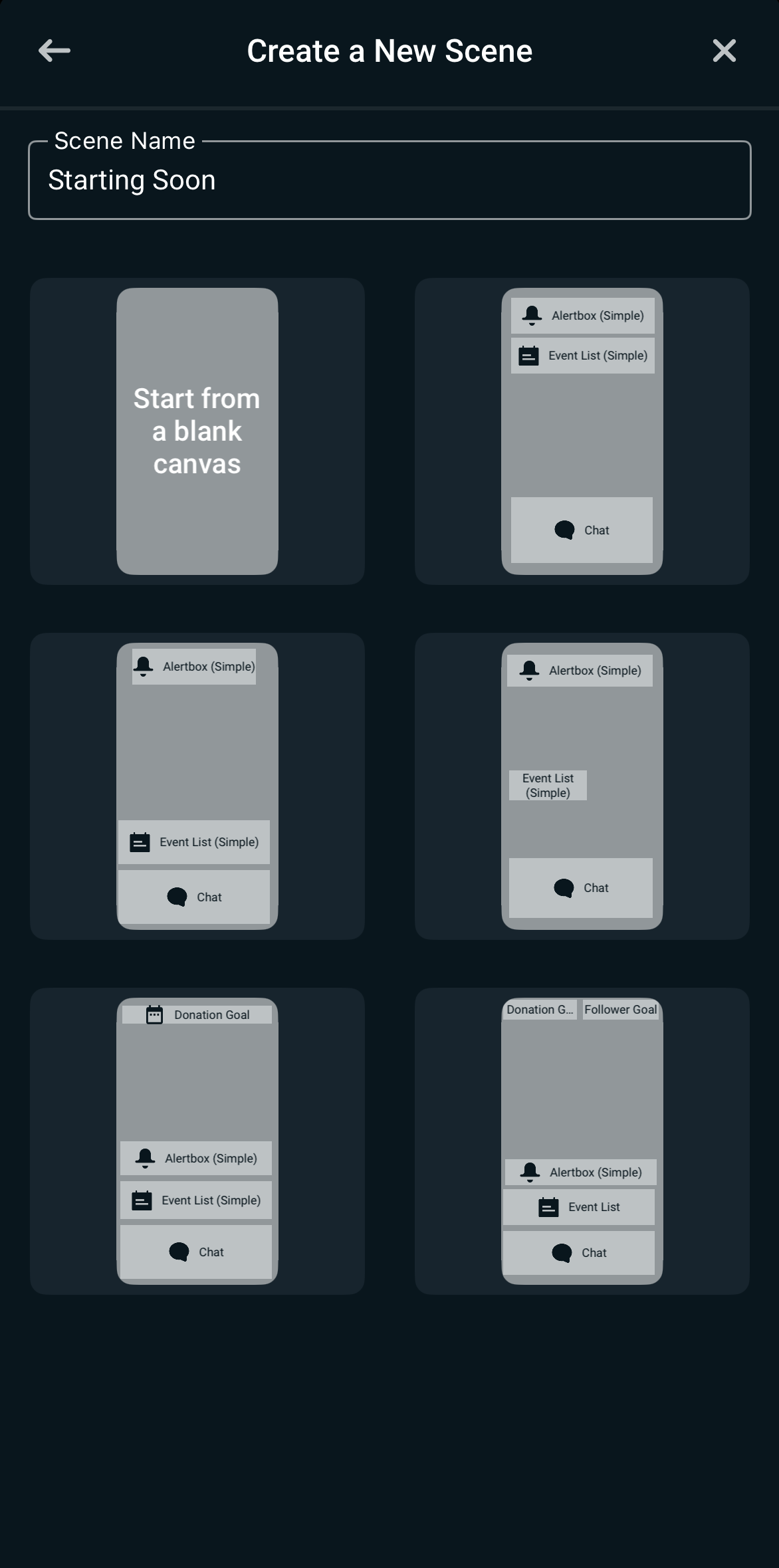 Scene layout options for streaming from Streamlabs mobile app